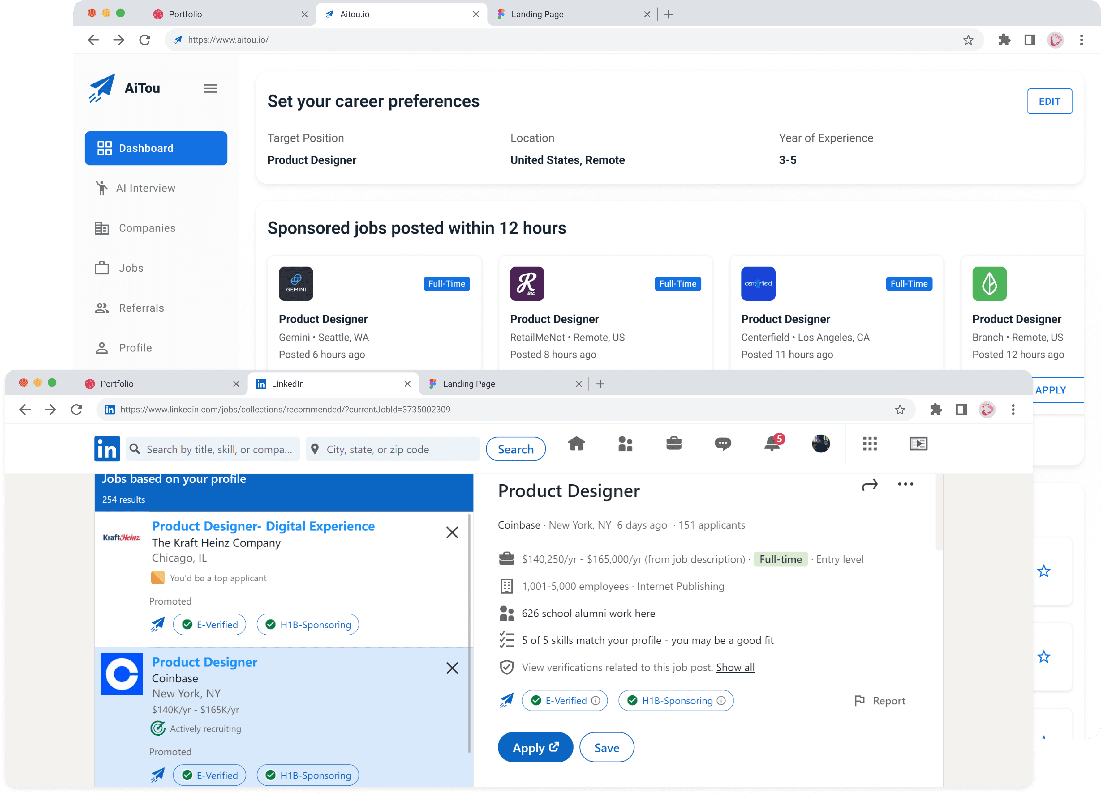 Original AiTou dashboard and LinkedIn extension interfaces