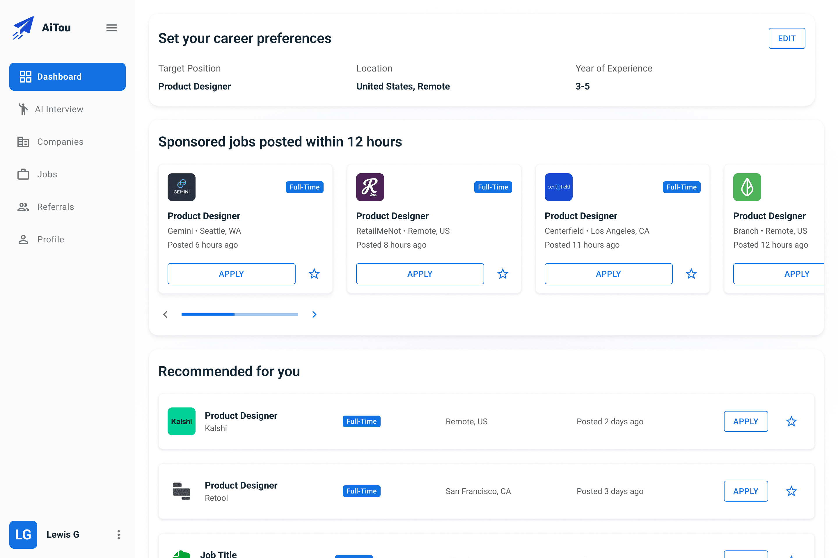 Personalized job dashboard