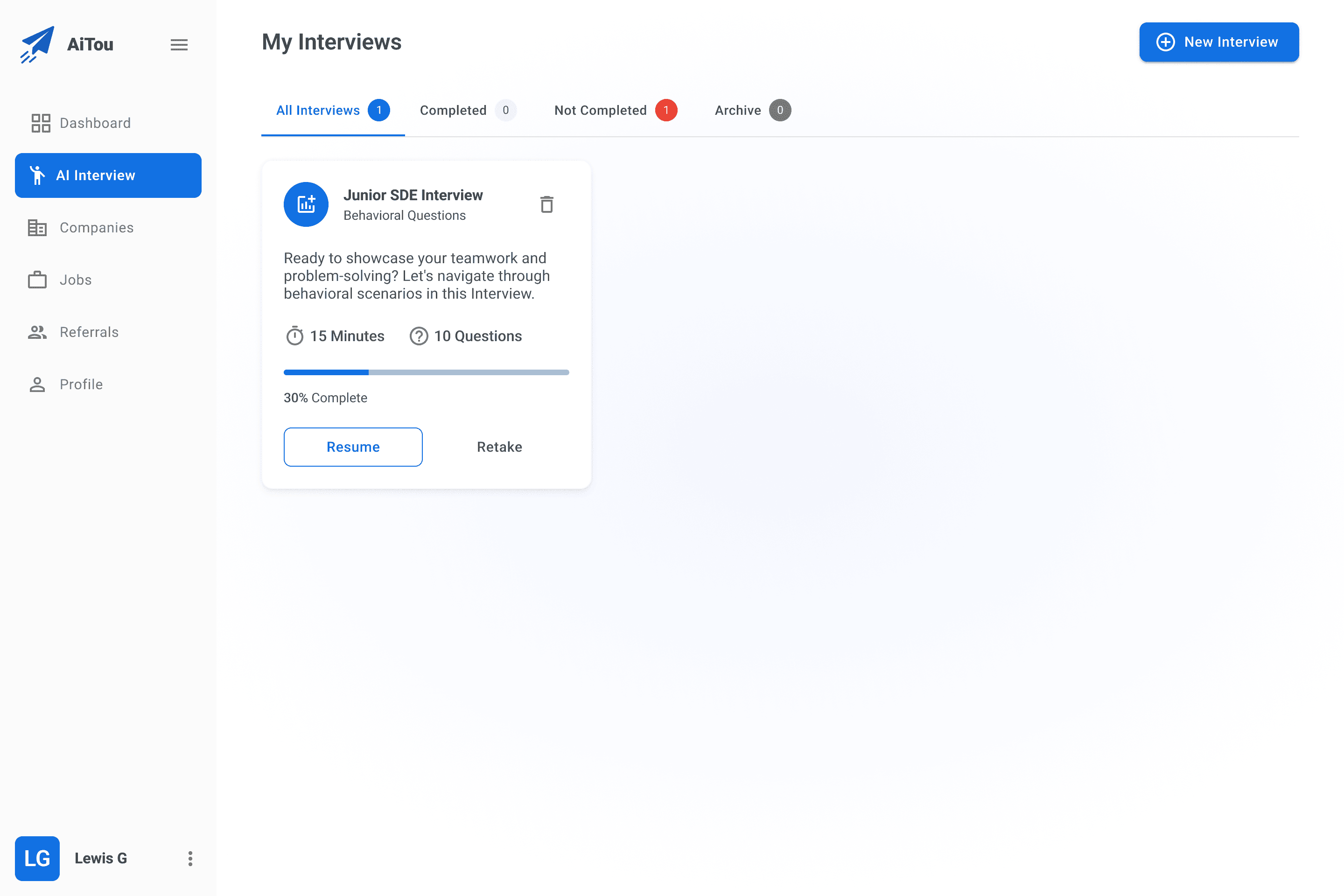 Original interview session dashboard