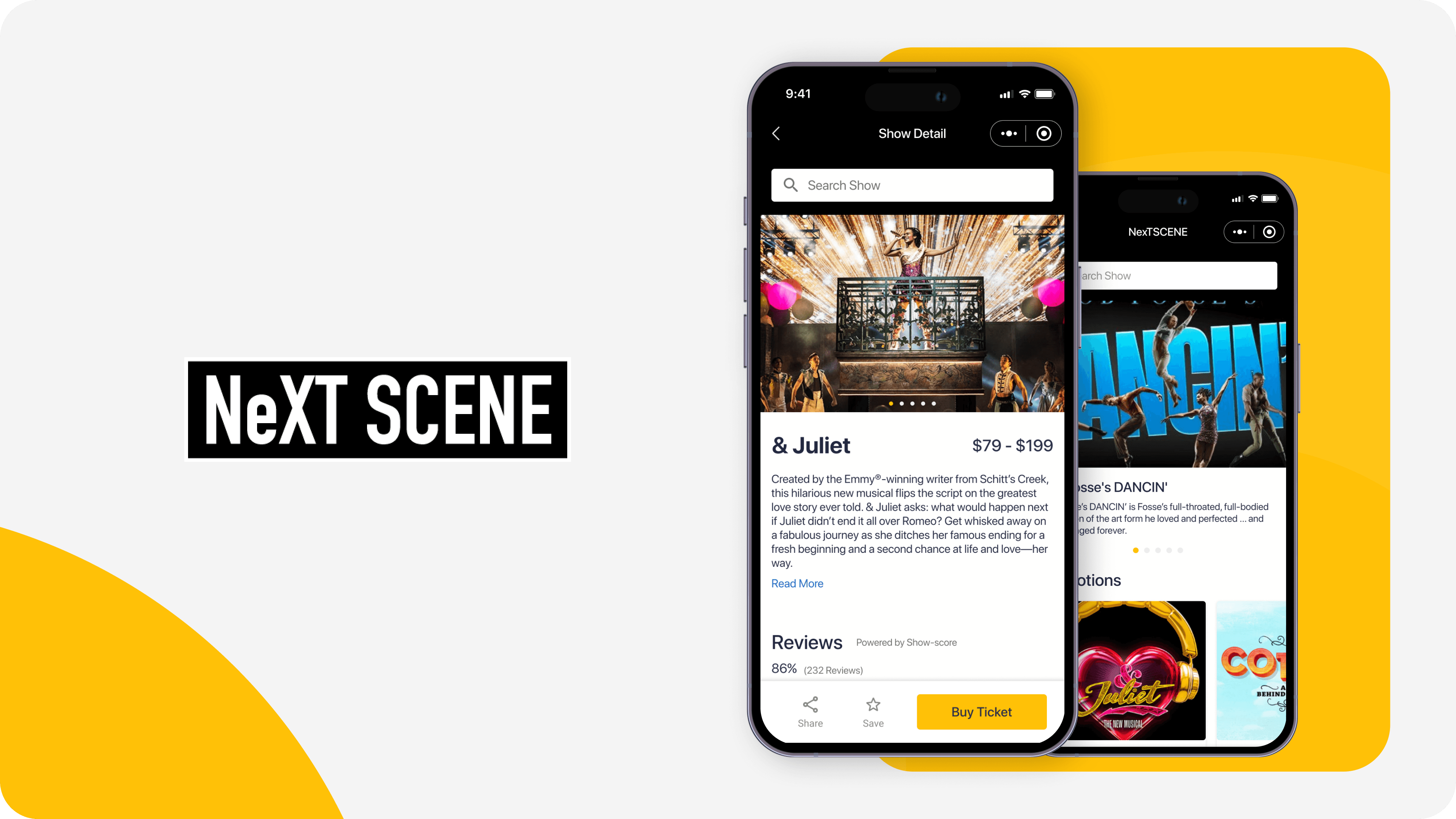 NeXT SCENE Broadway ticketing app interfaces