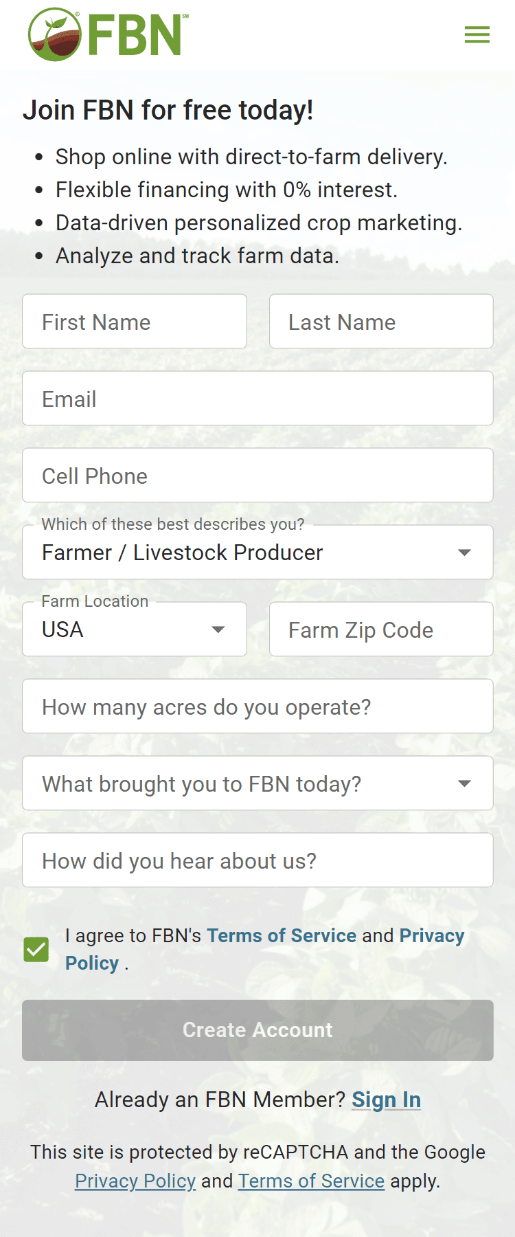 Original mobile sign-up form